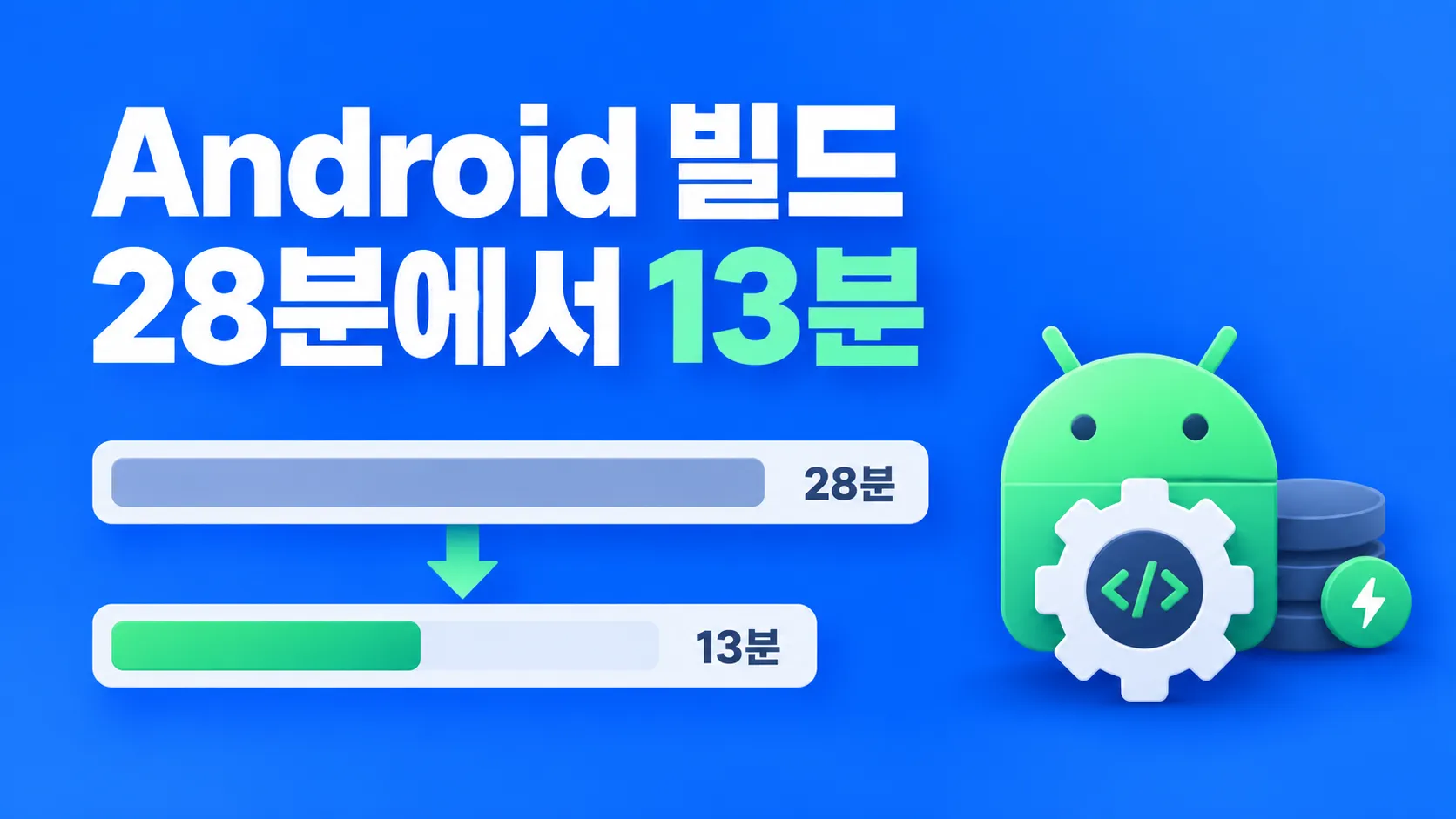 Android 빌드 시간이 28분에서 13분으로 줄어든 결과를 보여 주는 표지 이미지